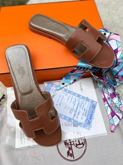 Женские шлёпанцы Hermes Oran - Brown   