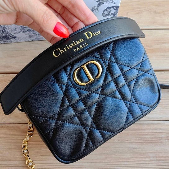 Женская кожаная сумка Dior Camera Caro Top Handle 17x15 см - Black