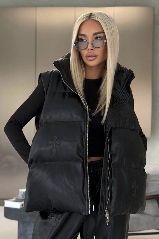 Женский пуховой жилет из эко кожи Chrome Hearts Premium