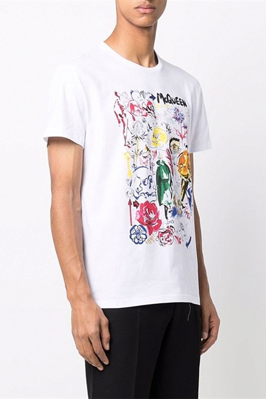 Мужская белая футболка Alexander McQueen graphic skull