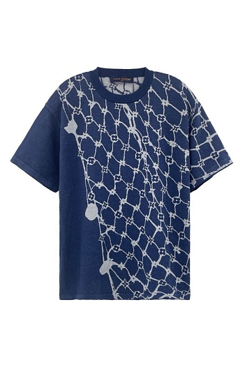 Мужская синяя футболка Louis Vuitton Premium Fishnet Monogram   