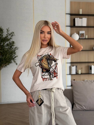 Бежевая женская футболка Hermes premium   