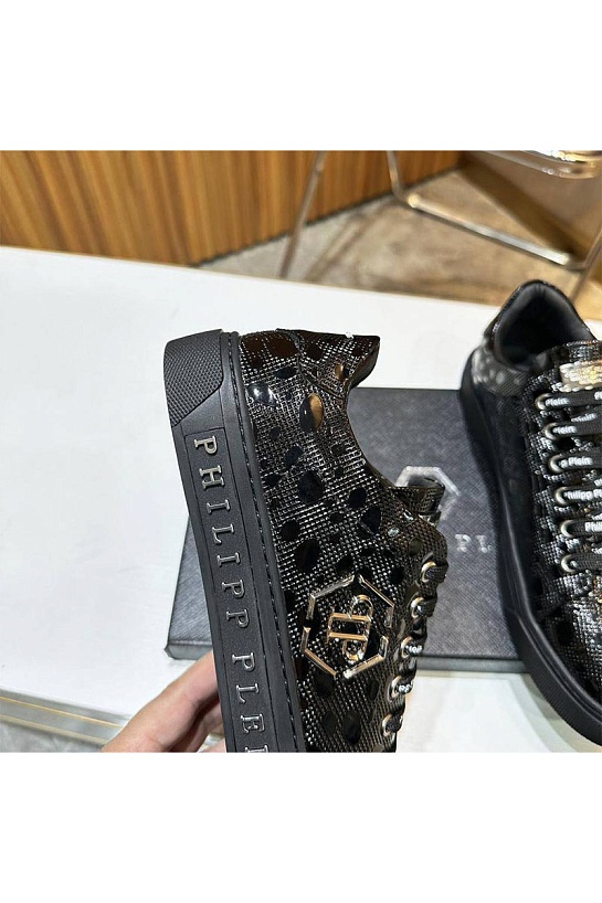 Мужские кожаные кроссовки Philipp Plein чёрного цвета