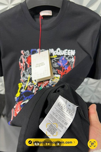 Мужская синяя футболка Alexander McQueen graphic skull   