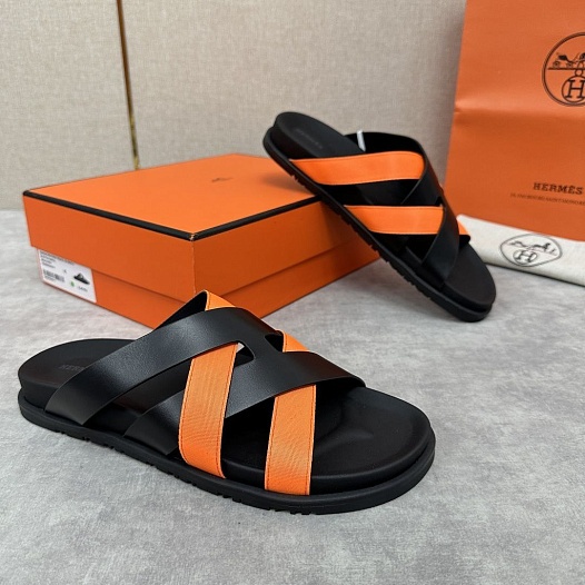 Мужские шлёпанцы Hermes Kazimir - Black / Orange   