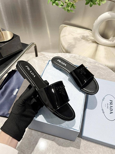 Женские кожаные шлёпанцы Prada Premium - Black   