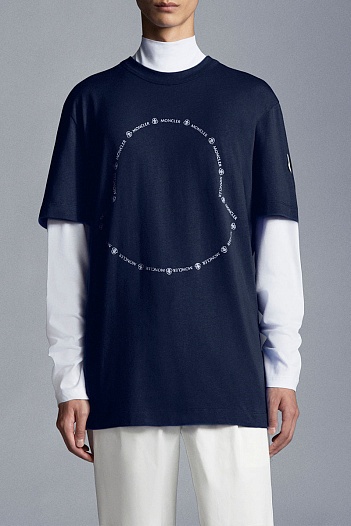 Тёмно-синяя брендовая футболка Moncler Logo Outline   