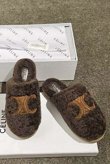 Женские меховые шлёпанцы Celine Triomphe premium   