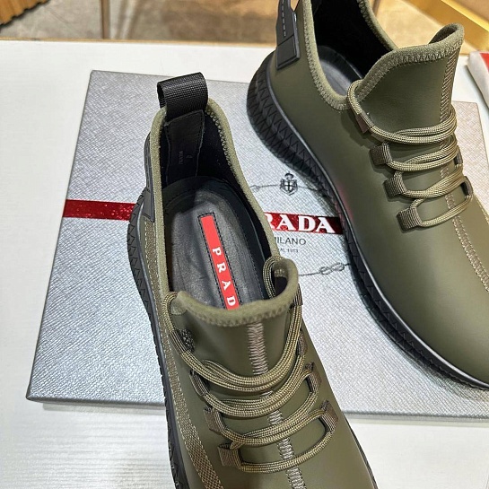 Мужские кожаные кроссовки Prada lace-up - Khaki