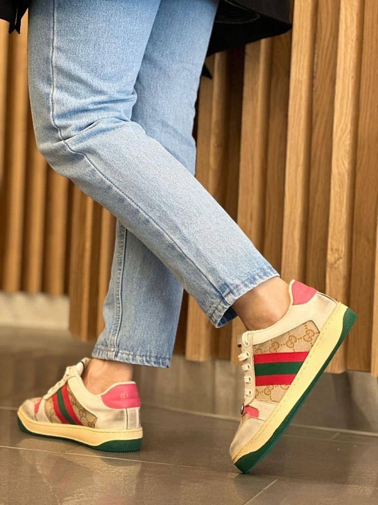 Женские кожаные кроссовки Gucci GG Screener - Beige / Pink