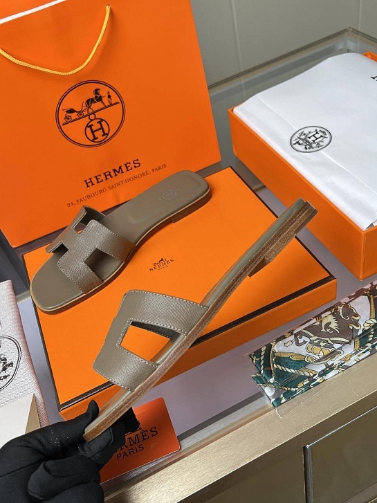 Женские кожаные шлёпанцы Hermes Premium - Brown