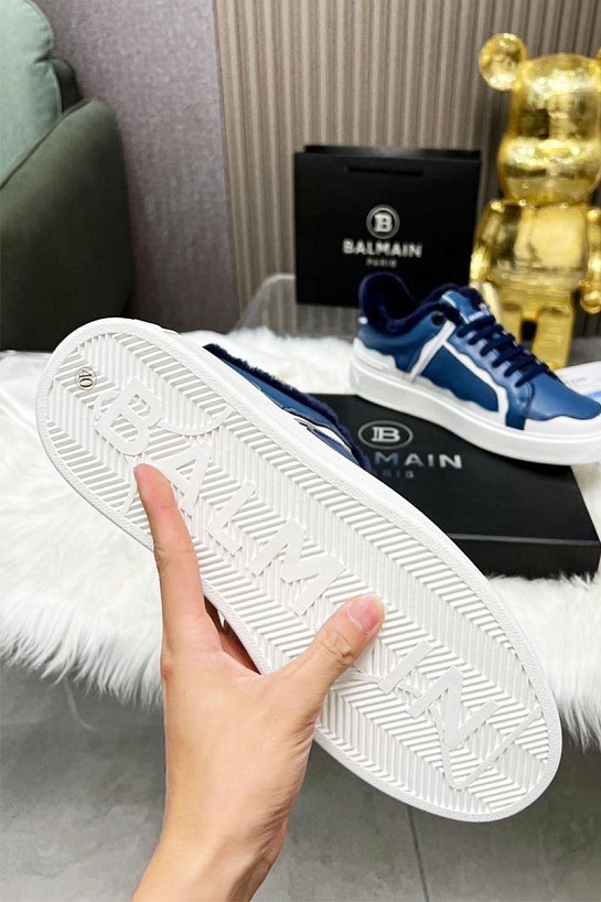 Кожаные кроссовки с мехом Balmain low-top - Blue / White