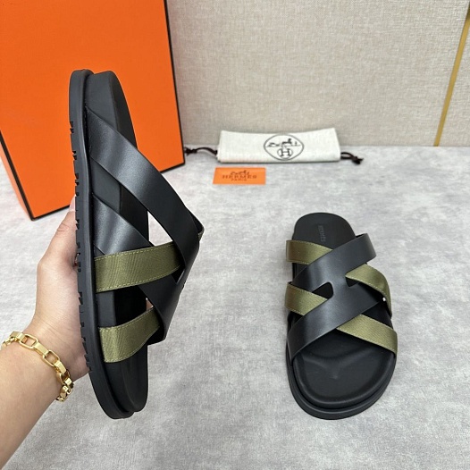 Мужские шлёпанцы Hermes Kazimir - Black / Khaki   