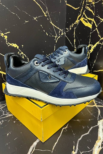 Кожаные кроссовки Fendi тёмно-синего цвета   