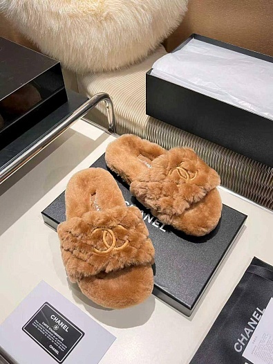 Женские меховые шлёпанцы Chanel Oran premium - Brown   