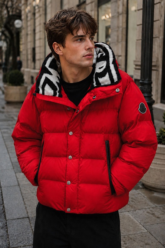 Мужской пуховик Moncler красного цвета