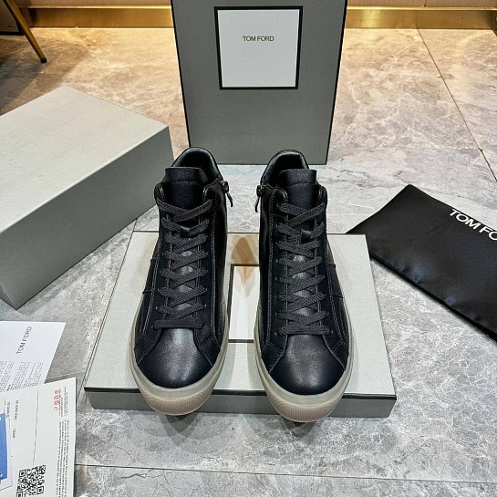 Кожаные кроссовки с мехом Tom Ford high-top - Black