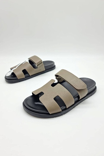 Женские кожаные сандалии Hermes Chypre - Khaki / Black   