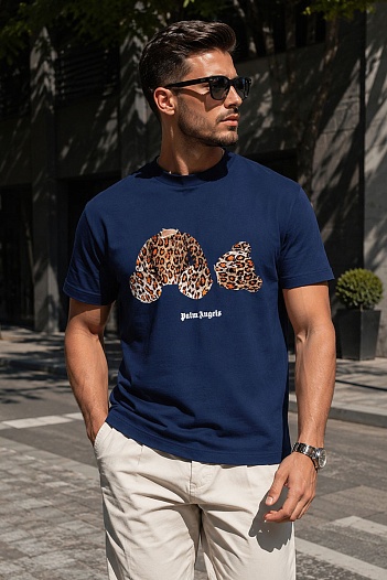 Тёмно-синяя оверсайз футболка Palm Angels Leopard Bear   