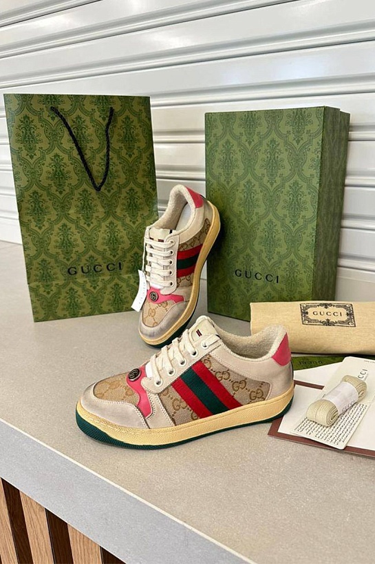 Женские кожаные кроссовки Gucci GG Screener - Beige / Pink