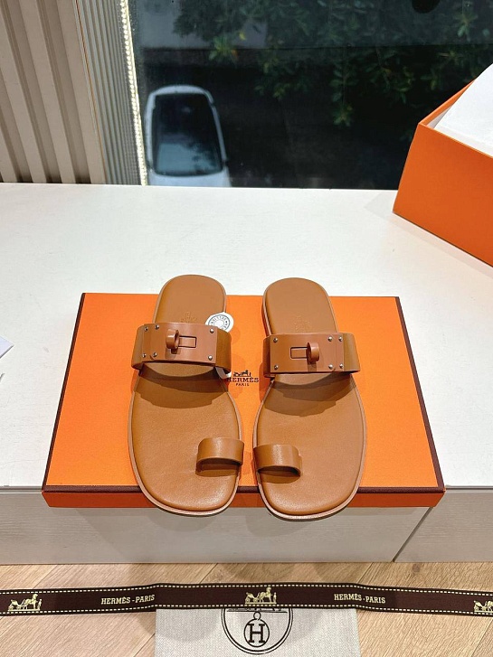 Женские кожаные шлёпанцы Hermes July Kelly premium