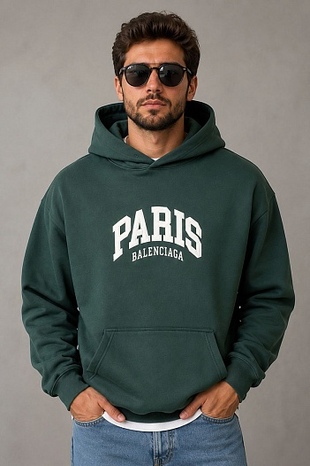 Зелёное худи Balenciaga Paris logo-embroidered   