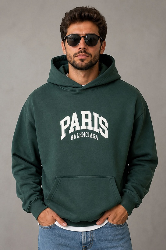 Зелёное худи Balenciaga Paris logo-embroidered