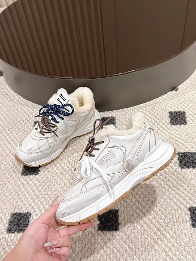 Женские кожаные кроссовки с мехом MIU MIU premium   