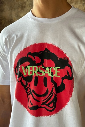 Белая мужская футболка Versace Medusa Smiley logo   