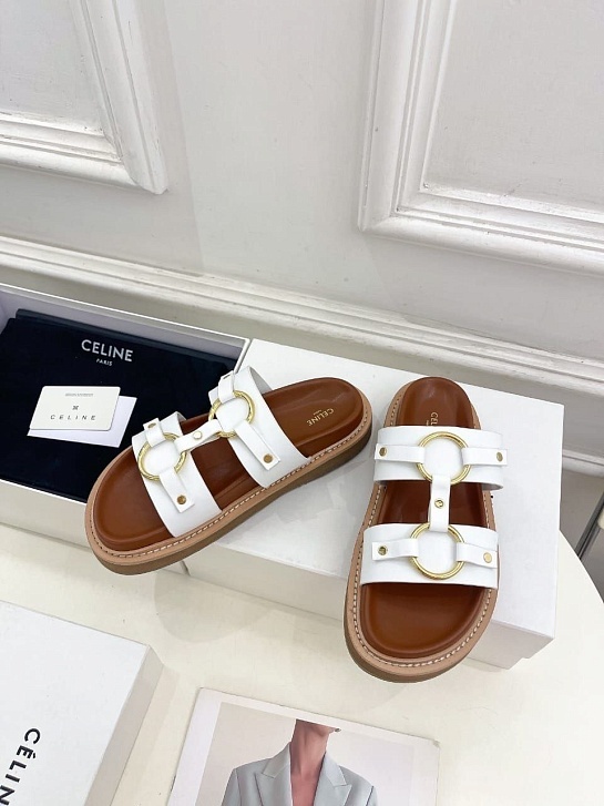 Женские кожаные шлёпанцы Celine Tippi - White