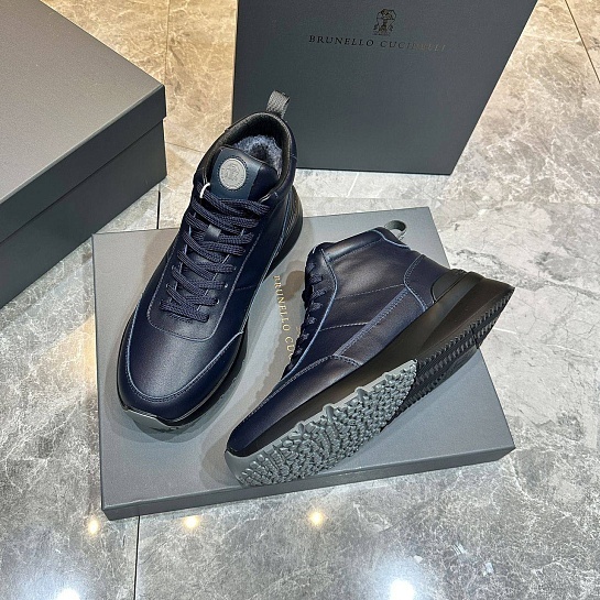 Кожаные кроссовки с мехом Brunello Cucinelli high-top - Navy