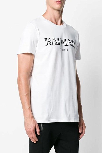 Белая футболка Balmain Paris black logo-print   