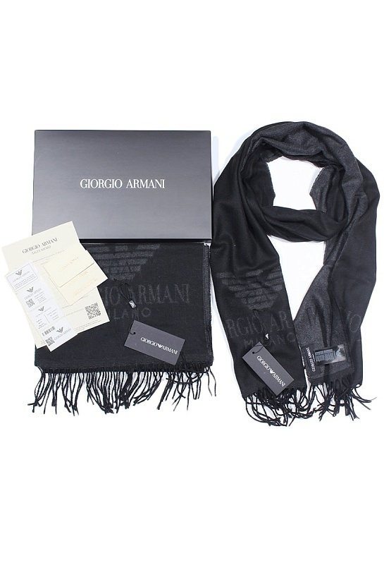 Брендовый чёрный шарф с логотипом Giorgio Armani 185x35 см