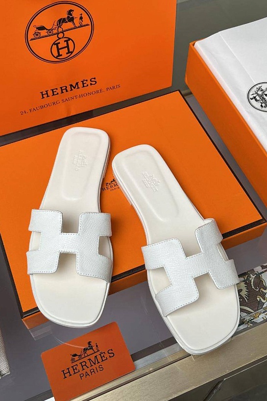 Женские кожаные шлёпанцы Hermes Premium - White
