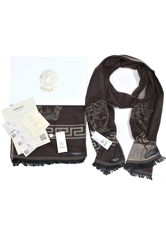 Брендовый тёмно-коричневый шарф с логотипом Versace 185x35 см