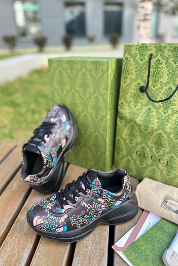 Женские кожаные кроссовки The North Face x Gucci Rhyton - Black   