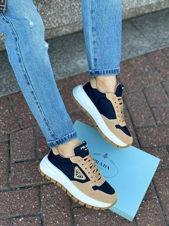 Женские комбинированные кроссовки Prada - Beige / Blue