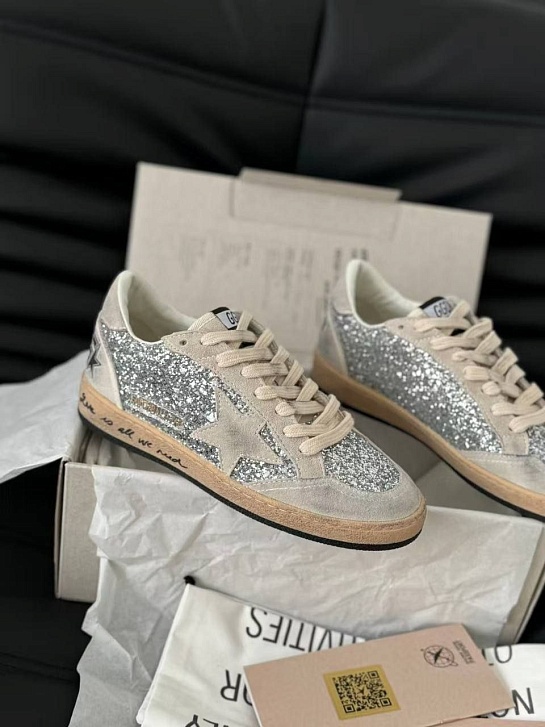 Женские кожаные кроссовки Golden Goose Ball Star Premium - Grey Sequin