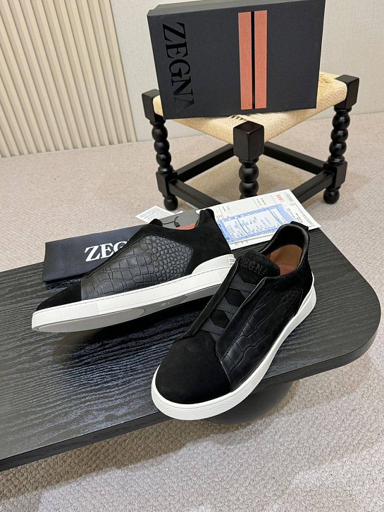Мужские кроссовки Zegna Triple Stitch Alligator - Black