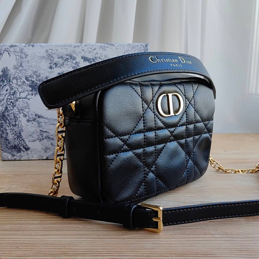 Женская кожаная сумка Dior Camera Caro Top Handle 17x15 см - Black   