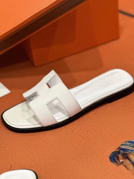 Женские кожаные шлёпанцы Hermes Premium - White