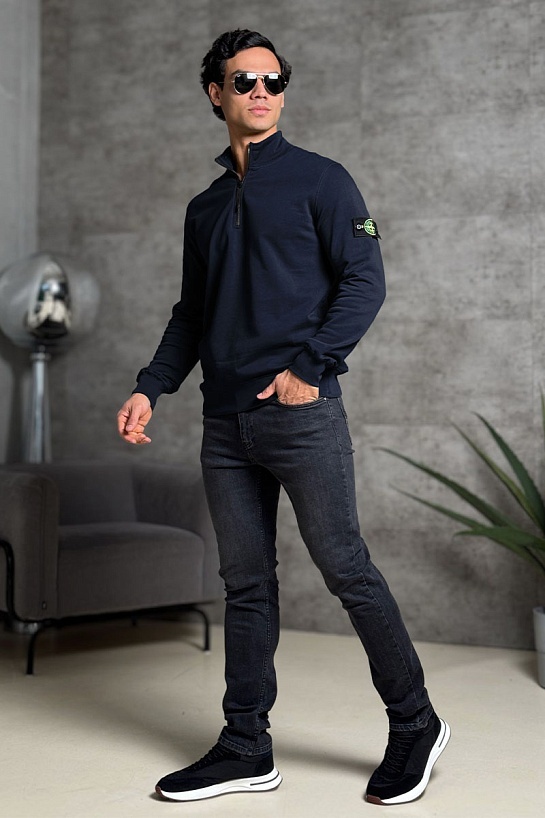 Мужская тёмно-синяя кофта с патчем на плече Stone Island Zip Neck