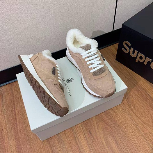 Женские замшевые кроссовки с мехом Brunello Cucinelli premium   