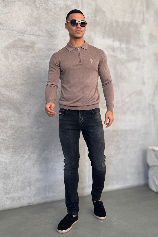 Бежевое поло с длинным рукавом Stefano Ricci zip-up