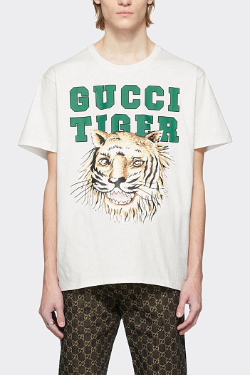 Белая оверсайз футболка Gucci Tiger logo print   