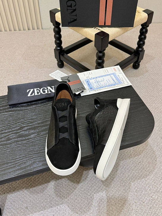Мужские кроссовки Zegna Triple Stitch Alligator - Black