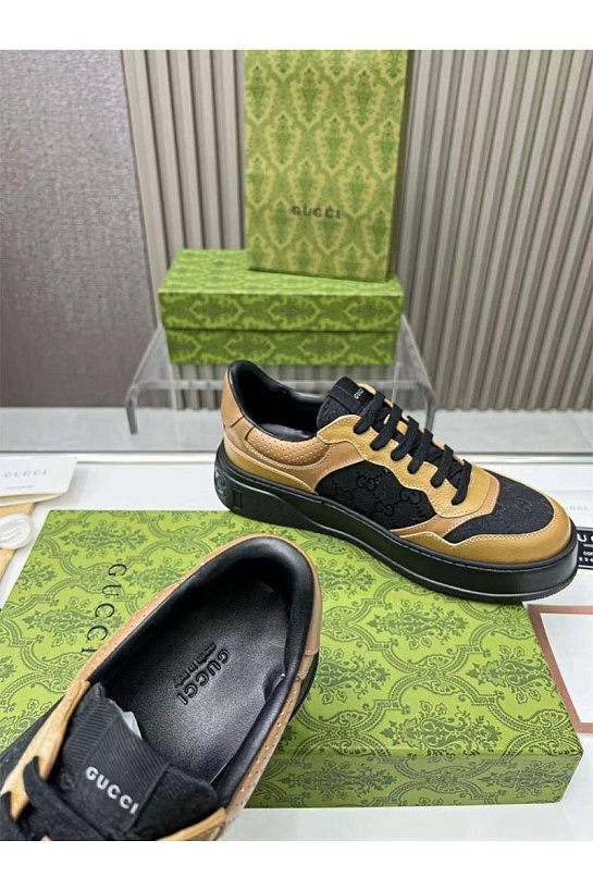 Мужские кожаные кроссовки Gucci - Beige / Black