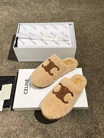 Женские меховые шлёпанцы Celine Triomphe premium   
