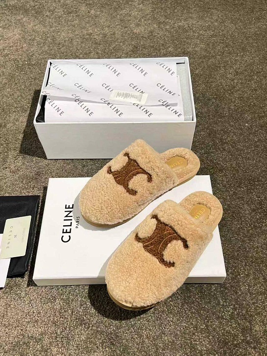 Женские меховые шлёпанцы Celine Triomphe premium