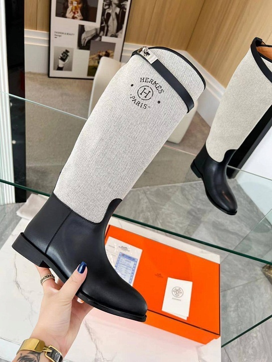 Женские кожаные сапоги Hermes Premium - Black / White